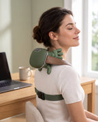 Femme détendue au bureau avec le masseur bionique sur l'épaule