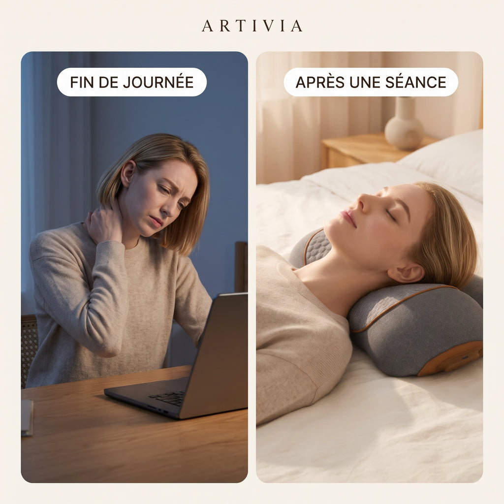 Avant / après : fin de journée la nuque tendue, puis détendue après une séance sur le coussin Artivia