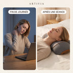 Avant / après : fin de journée la nuque tendue, puis détendue après une séance sur le coussin Artivia