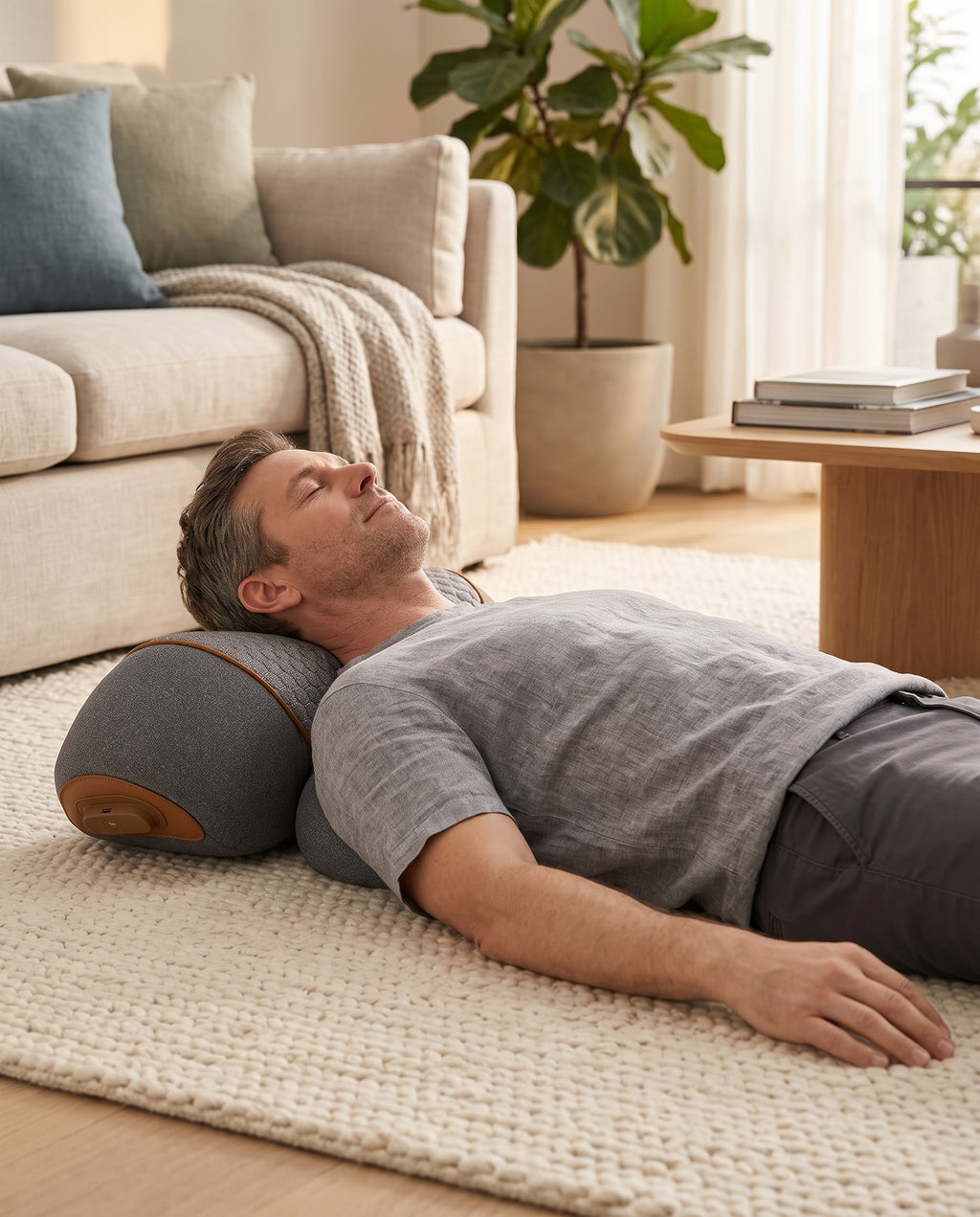 Homme détendu allongé au salon avec le coussin cervical Artivia
