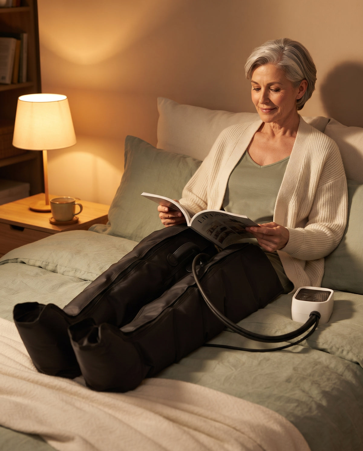 Femme lisant au lit avec les bottes de pressothérapie