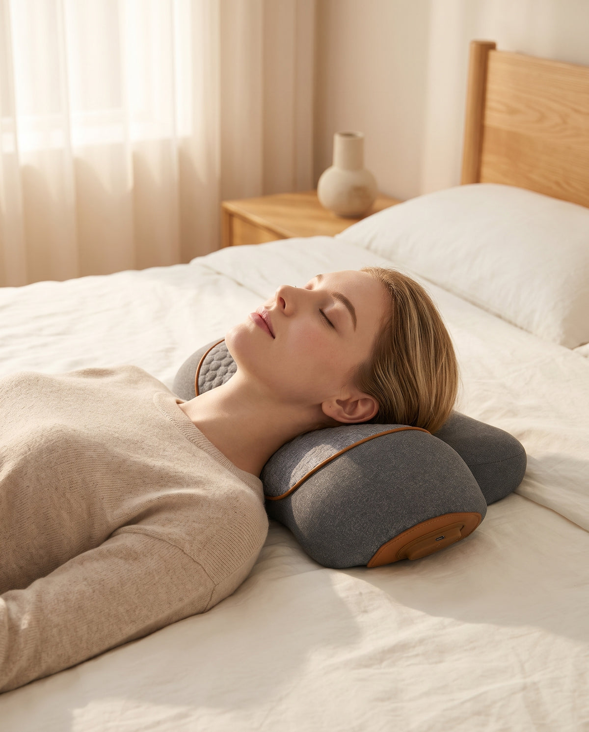 Femme détendue allongée avec le coussin cervical Artivia sous la nuque
