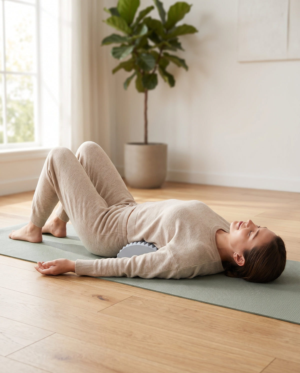 Femme allongée sur un tapis avec l’étireur sous le bas du dos