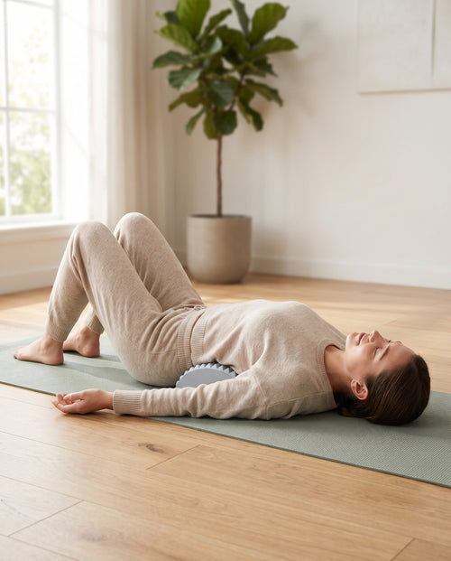 Femme allongée sur un tapis avec l’étireur sous le bas du dos